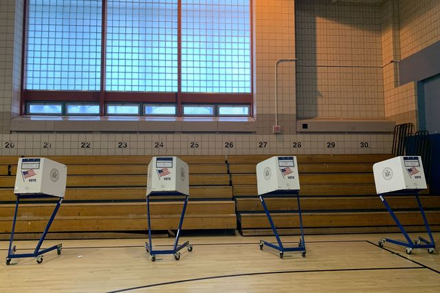 An empty poll site inside a Long Island City high school in Queens.